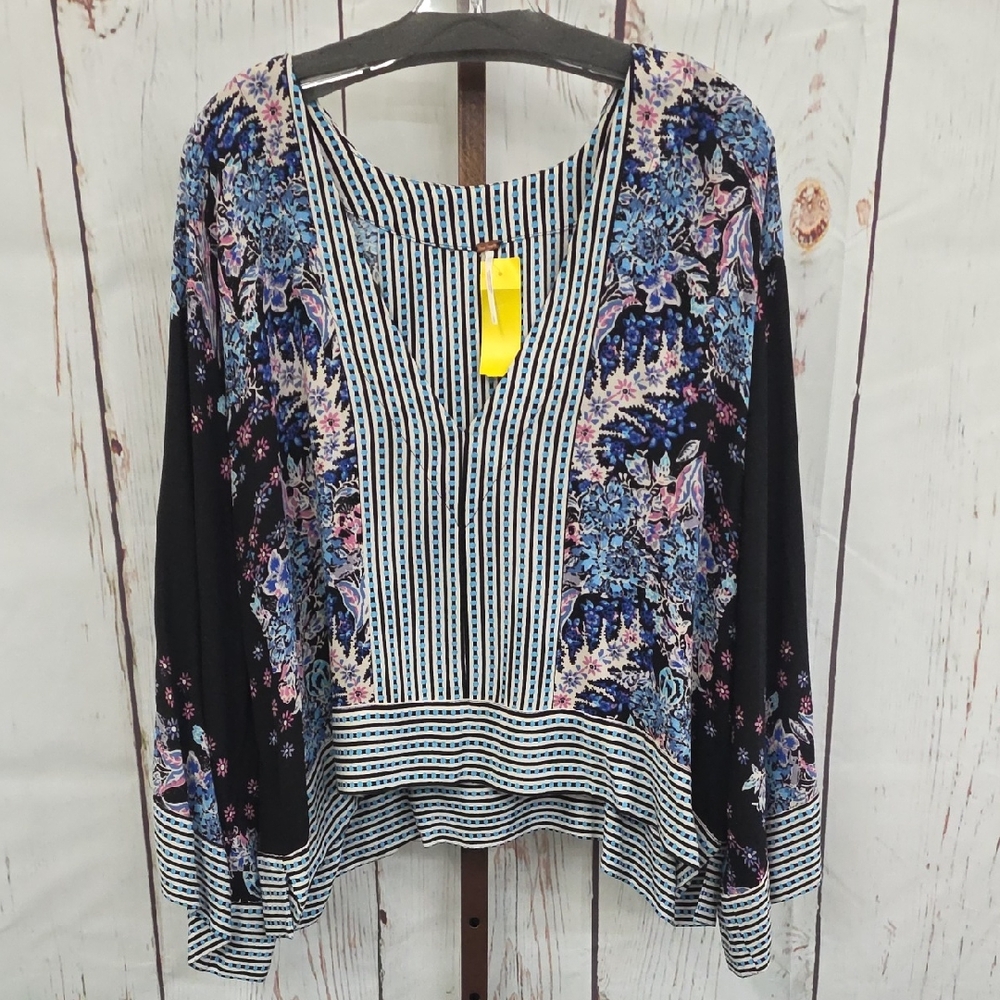 Free People Black and Blue Floral Striped Blouse
